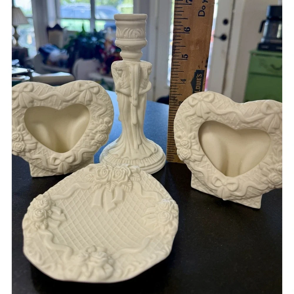 Vintage White Bisque Angel Candlestick Heart Photo Frames Trinket Dish Set